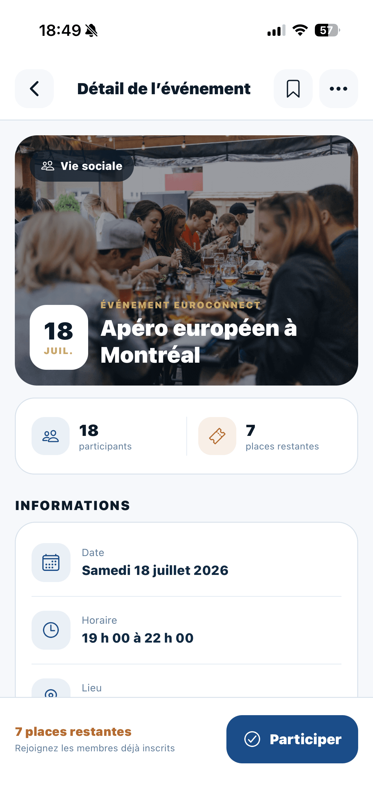Détail d’un événement dans l’application EuroConnect